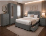 King Bed Bedroom Collection - Two Door Mirror Wardrobe With Bottom Drawer - Five Drawer Chest - Bedside Table Pair