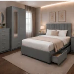 King Bed Bedroom Collection - Two Door Mirror Wardrobe With Bottom Drawer - Five Drawer Chest - Bedside Table Pair