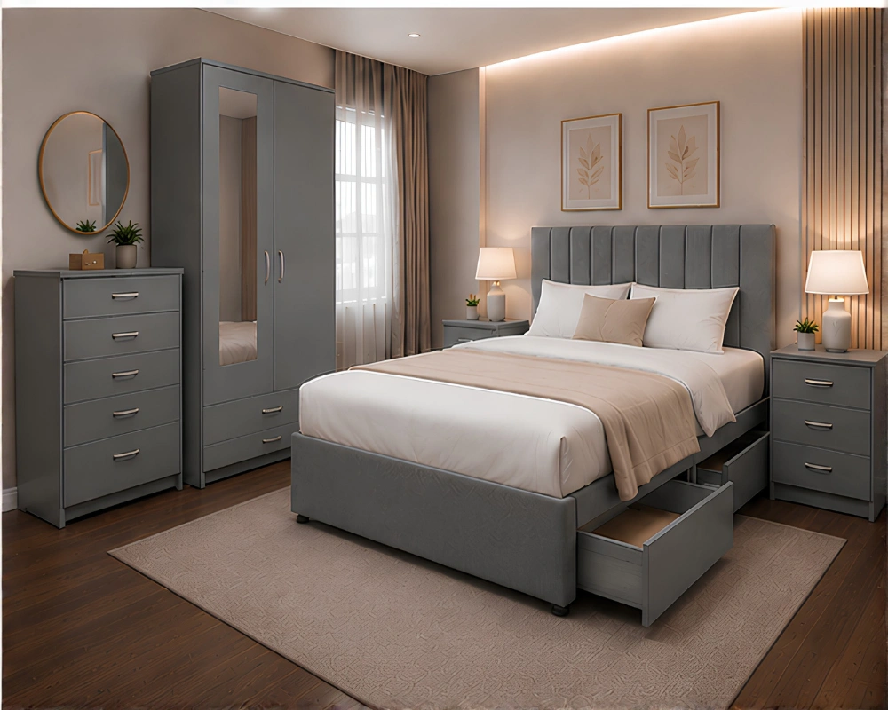 Contemporary Black Double Bed Frame King Bed Bedroom Collection - Two Door Mirror Wardrobe With Bottom Drawer - Five Drawer Chest - Bedside Table Pair - Image 1