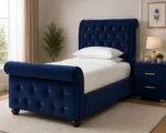 Premium Blue Single Sleigh Bed with Rolled Footboard-Single Bed with Mattress - Image 2