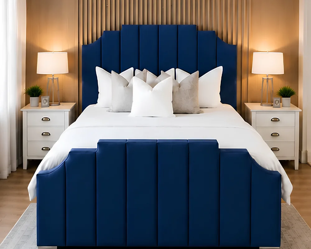 Contemporary Blue Upholstered Bed Blue Upholstered Arizona Double Bed Frame -Premium Design-Double bed with Mattress - Image 1