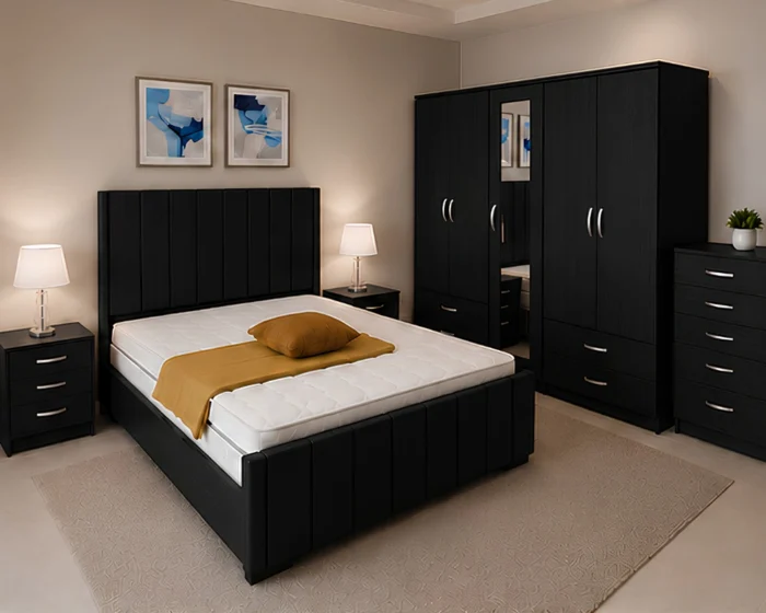 Stylish Bedroom Furniture Collection - King Size Bed With Four Door Wardrobe With Four Drawer - Chest of Five Drawers With Two Bed Side Table
