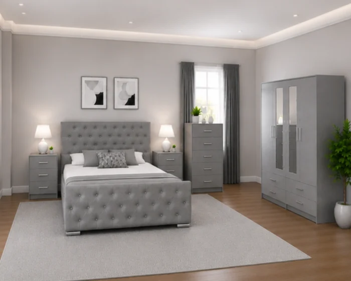 Modern Home Bedroom Set with King Size Bed, With FourDoor Wardrobe With Two Mirrors - Chest of Five Drawers With Two Bed Side Table