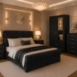 King Size Bed Interior Furniture Set - Two Door Mirror Wardrobe - Chest of Five Drawers - Two Bedside Tables