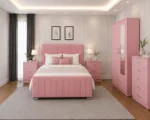 King Size Bed Home Furniture Package - 2 Door Mirror Wardrobe With Bottom Drawer - Chest of Five Drawers - Two Bedside Tables