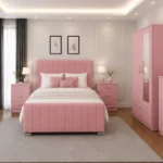 King Size Bed Home Furniture Package - 2 Door Mirror Wardrobe With Bottom Drawer - Chest of Five Drawers - Two Bedside Tables