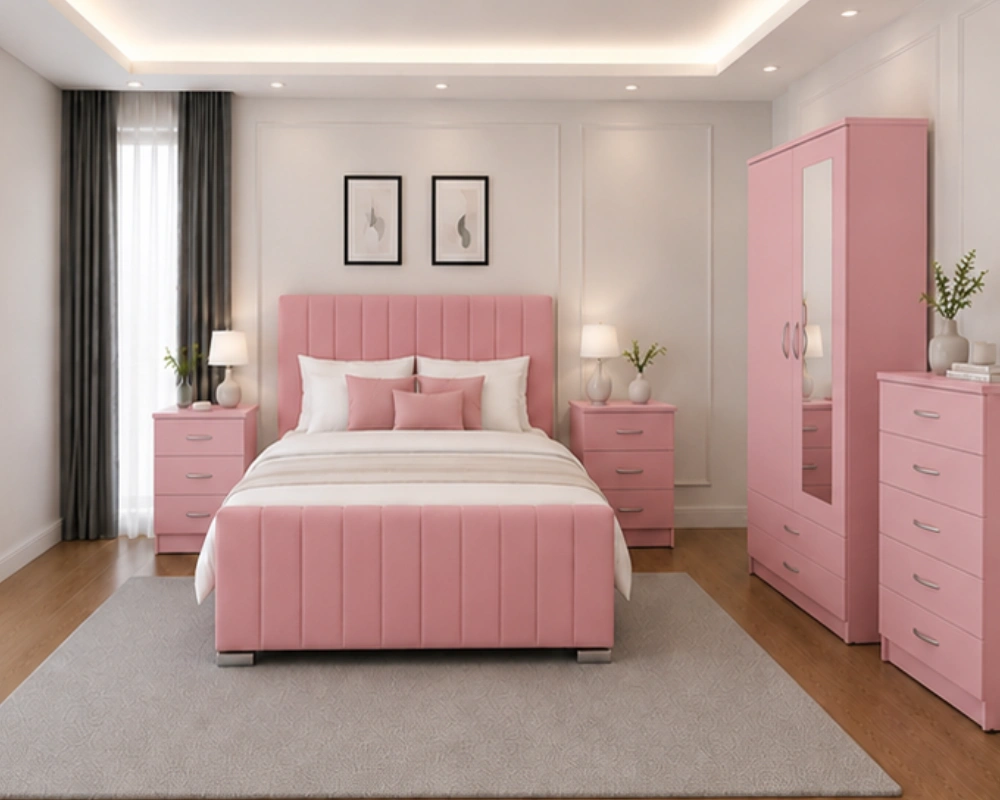 Contemporary Stylish Bedroom Collection King Size Bed Home Furniture Package - 2 Door Mirror Wardrobe With Bottom Drawer - Chest of Five Drawers - Two Bedside Tables - Image 1