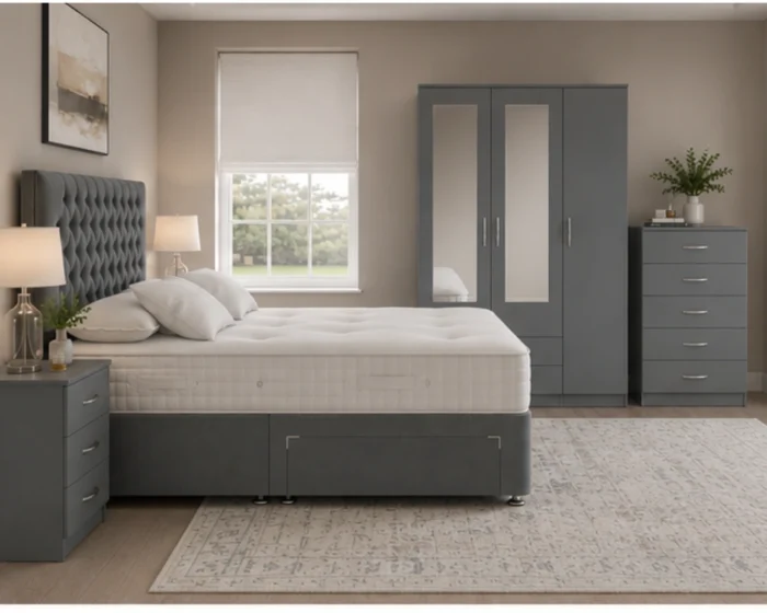 Complete Bedroom Furniture Package - King Size Bed - 3 Door Mirror Wardrobe With Two Bottom Drawers - Five Drawer Chest - Two Bedside Tables
