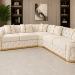 Luxury Off White L-Shaped Chesterfield Corner Sofa with Gold Accents