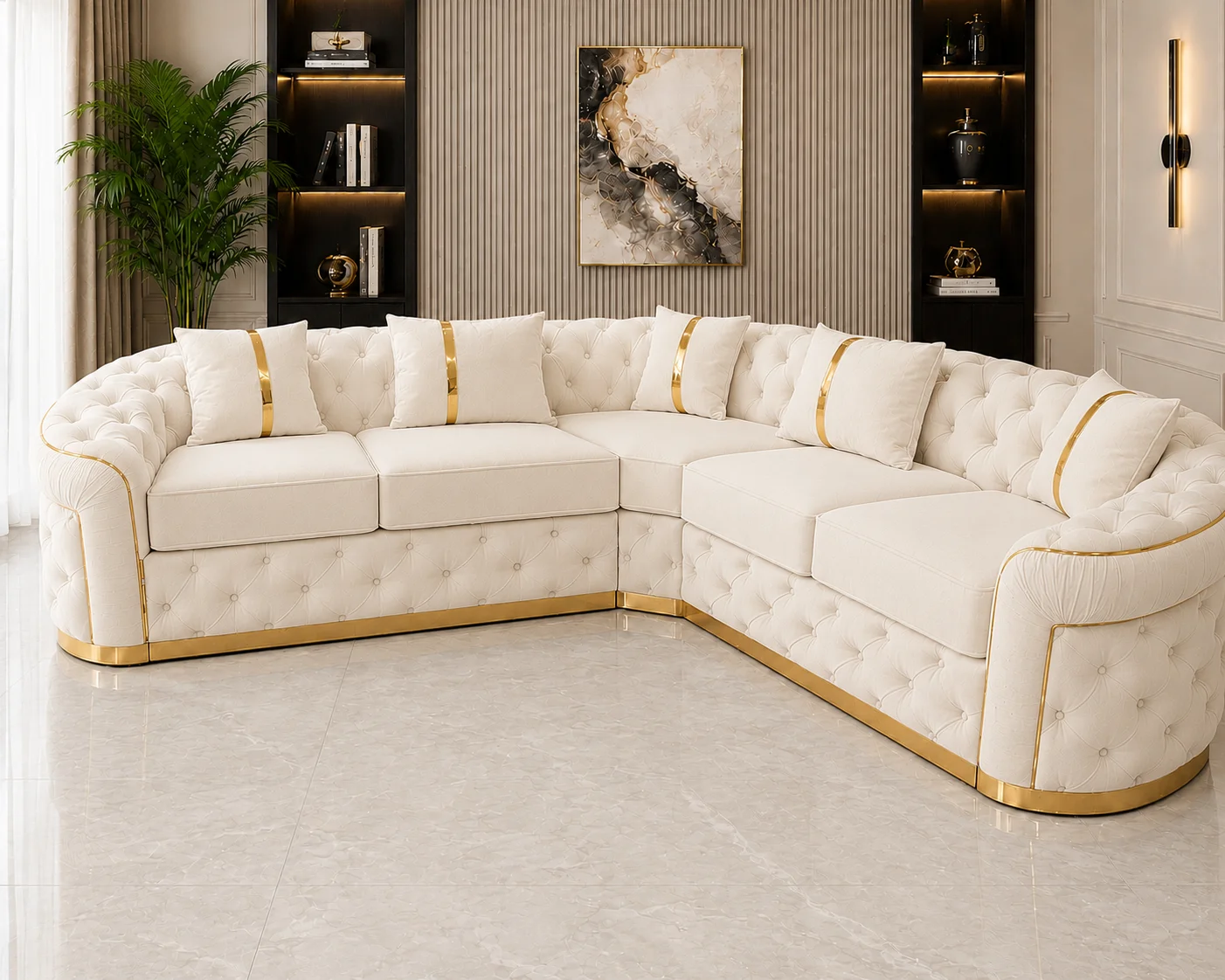 Designer Cream Sectional Sofa with Button Tufting Luxury Off White L-Shaped Chesterfield Corner Sofa with Gold Accents - Image 1