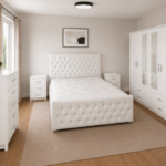 Complete King Bed Furniture Package - Four Door Wardrobe With Two Mirrors And Four Bottom Drawers - Chest of Five Drawers With Two Bed Side Tables