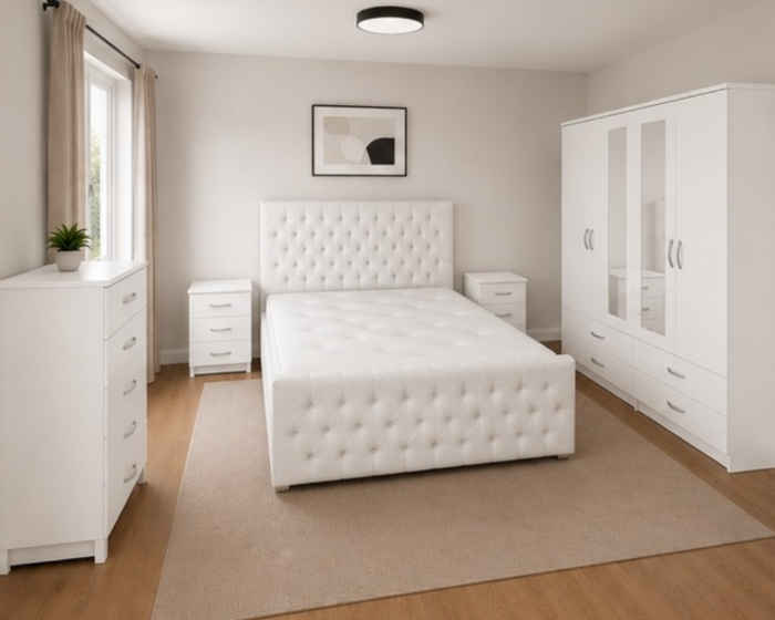 Complete King Bed Furniture Package - Four Door Wardrobe With Two Mirrors And Four Bottom Drawers - Chest of Five Drawers With Two Bed Side Tables
