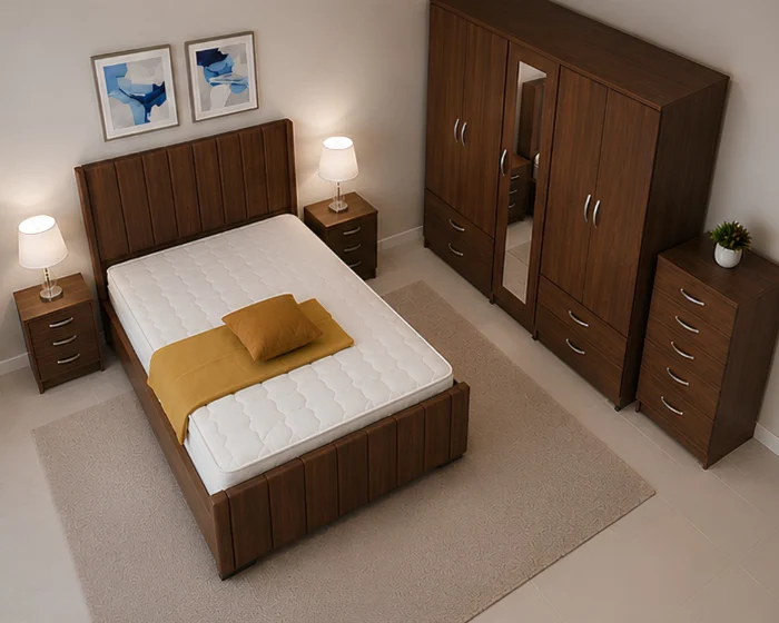 Modern King Size Bedroom Set - with Five Door Wardrobe With Four Drawer - Chest of Five Drawers With Two Bed Side Table