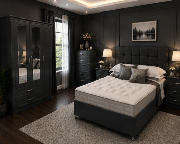 Luxury King Bed Set with Three Door Wardrobe With Four Drawer - Chest of Five Drawers With Two Bed Side Table
