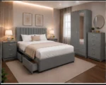 King Bed Bedroom Collection - Two Door Mirror Wardrobe With Bottom Drawer - Five Drawer Chest - Bedside Table Pair - Image 2