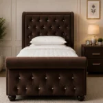 Contemporary Brown Sleigh Bed – Premium Upholstered Single Bed Frame