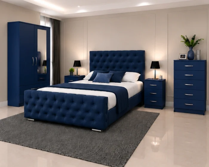 Elegant Bedroom Storage Collection - King Size Bed - Two Door Wardrobe With Mirror - Chest of Five Drawers - Two Bedside Tables
