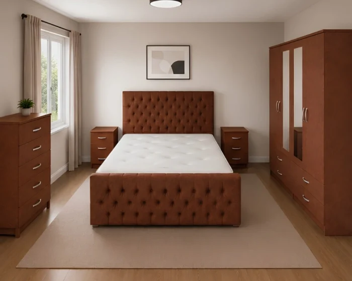Luxury King Size Bed Furniture Set - Four Door Wardrobe With Two Mirrors And Four Bottom Drawers - Chest of Five Drawers With Two Bed Side Tables