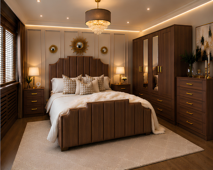 Luxury King Size Bed Furniture Set - five Door Wardrobe With Four Drawer - Chest of Five Drawers With Two Bed Side Table