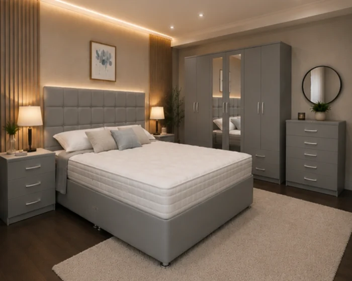 Contemporary Bedroom Furniture Set King Size Bed – Six Door Wardrobe – Five Drawer Chest – Two Nightstand