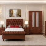 Contemporary King Bed Set - four Door Wardrobe With Four Drawer & 2 mirror - Chest of Five Drawers With Two Bed Side Table