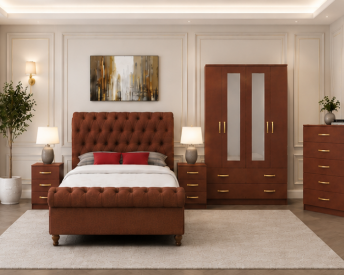 Contemporary King Bed Set - four Door Wardrobe With Four Drawer & 2 mirror - Chest of Five Drawers With Two Bed Side Table