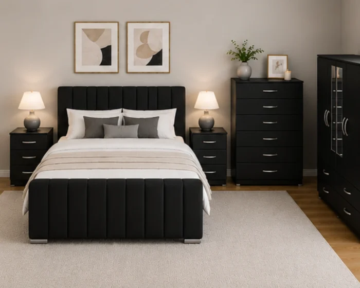King Size Bed Furniture Set - Six Door Wardrobe With Four Drawer - Chest of Five Drawers With Two Bed Side Table