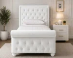 White Velvet Sleigh Single Bed Frame – Premium Upholstered Design