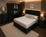 Elegant Bedroom Set – King Size Bed– Six Door Mirror Wardrobe – 5 Drawer Chest – Two Bedside Tables