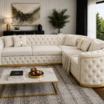Executive White Velvet L-Shaped Chesterfield Corner Sofa with Gold Trim