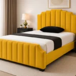 Mustard Yellow Arizona King Size Upholstered Bed Frame with Wingback Headboard-King Bed(180*200cm) with Mattress