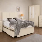 Modern Storage Cream King Size Bed Set - 3 Door Wardrobe With Four Drawer - Chest of Five Drawers With Two Bed Side Table