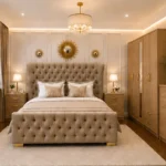 Wooden King Bed Furniture Set With Five Door Wardrobe With One Long Mirror - Chest of Five Drawers With Two Bed Side Table