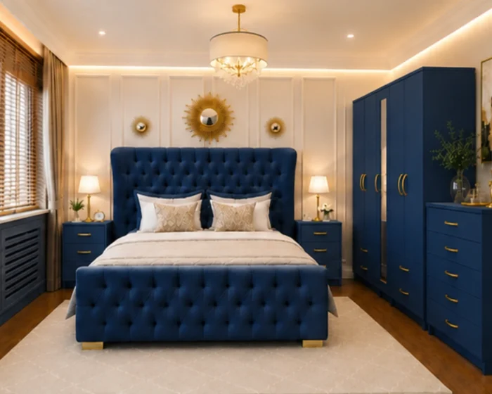 Complete King Bedroom Furniture Set – With Five Door Wardrobe With One Long Mirror - Chest of Five Drawers With Two Bed Side Table