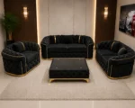 Luxury Black Velvet 3+2+1 Seater Chesterfield Sofa Set with Gold Trim