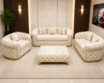 Luxury White 3+2+1 Seater Chesterfield Sofa Set with Gold Trim