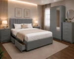King Size Bed Bedroom Collection - Two Door Mirror Wardrobe With Bottom Drawer - Five Drawer Chest - Bedside Table Pair - Image 5