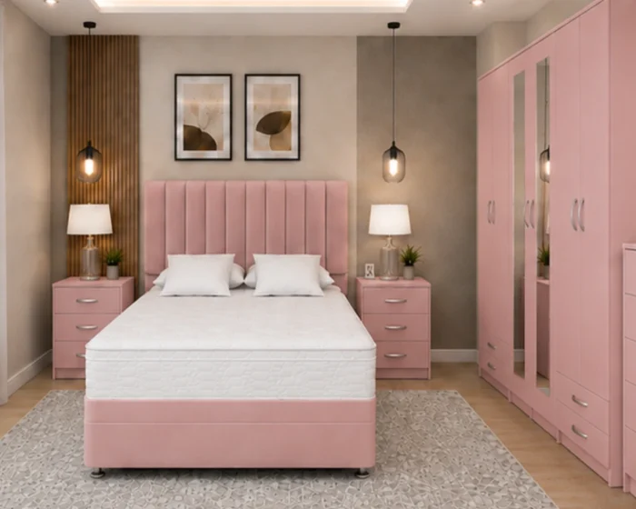 King Size Bed Furniture Set – 6 Door Wardrobe with Mirrors – Five Drawer Chest – Two Bedside Units
