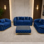 Luxury Blue Velvet 3+2+1 Seater Chesterfield Sofa Set with Gold Trim