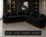 Madrid 5 Seater Black Velvet Corner Sofa with Gold Trim - Image 6