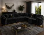 Madrid 5 Seater Black Velvet Corner Sofa with Gold Trim | Luxury Chesterfield L-Shaped Sofa UK - Image 4