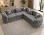 Madrid 5 Seater Grey Velvet Corner Sofa with Gold Trim | Luxury Chesterfield Sofa - Image 4