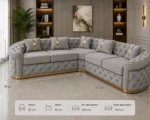 Madrid 5 Seater Grey Velvet Corner Sofa with Gold Trim | Luxury Chesterfield Sofa - Image 6