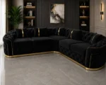 Madrid 5 Seater Black Velvet Corner Sofa with Gold Trim