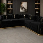Madrid 5 Seater Black Velvet Corner Sofa with Gold Trim