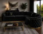 Madrid 5 Seater Black Velvet Corner Sofa with Gold Trim | Luxury Chesterfield L-Shaped Sofa UK