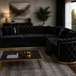 Madrid 5 Seater Black Velvet Corner Sofa with Gold Trim | Luxury Chesterfield L-Shaped Sofa UK