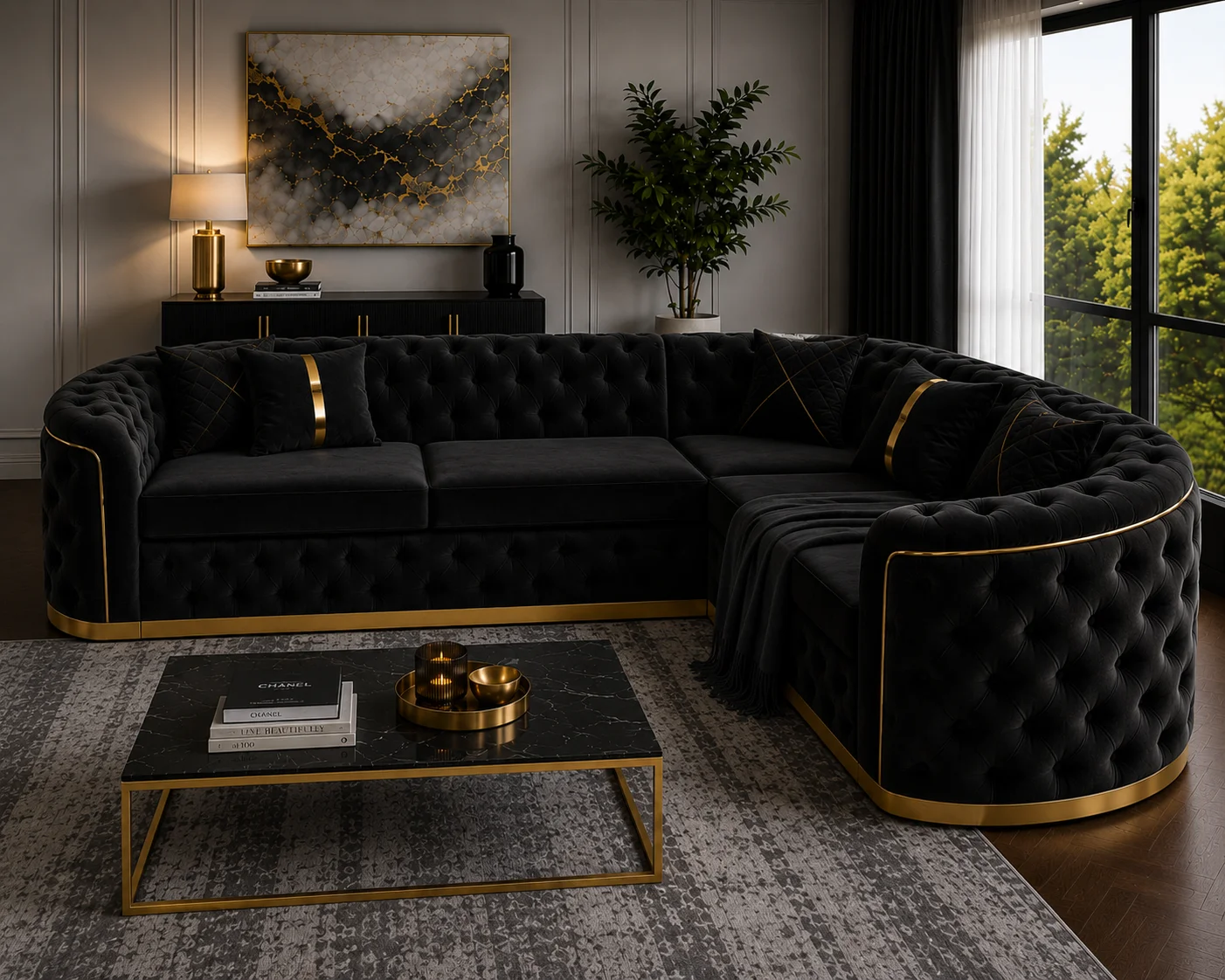 Madrid 5 Seater Luxury Black Corner Sofa UK Furniture Madrid 5 Seater Black Velvet Corner Sofa with Gold Trim | Luxury Chesterfield L-Shaped Sofa UK - Image 1
