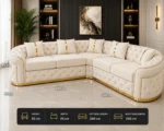 Luxury Off White L-Shaped Chesterfield Corner Sofa with Gold Accents - Image 6