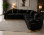 Madrid 5 Seater Black Velvet Corner Sofa with Gold Trim - Image 2